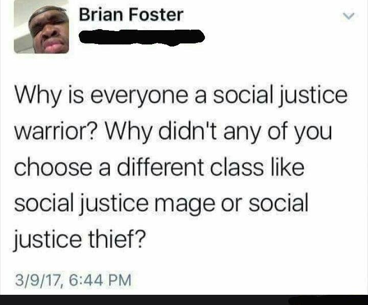 Screenshot of a tweet by "Brian Foster": "Why is everyone a social justice warrior? Why didn't any of you choose a different class like social justice mage or social justice thief?"