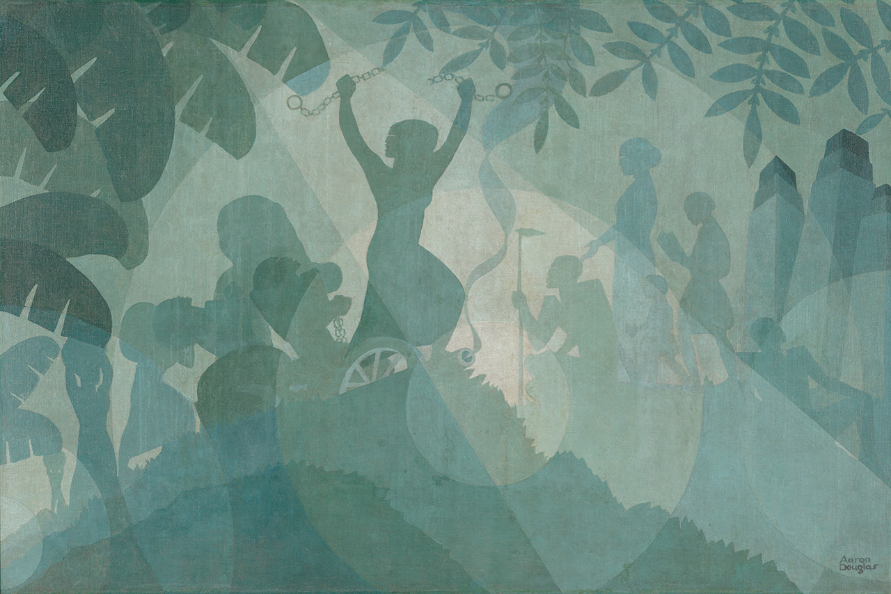 From NCMA learn: ‘Douglas layered abstract and geometric shapes (in different shades of similar colors) to create the illusion of light in this painting. One man is depicted holding a hoe, symbolizing the freedom to farm independently. A young woman is reading a book, representing the freedom to gain education. A third man is enjoying his leisure time and gazing at a towering city. Tubman is depicted leading people forward. Douglas wrote that he portrayed Tubman as “a heroic leader breaking the shackles of bondage and pressing on toward a new day.”’