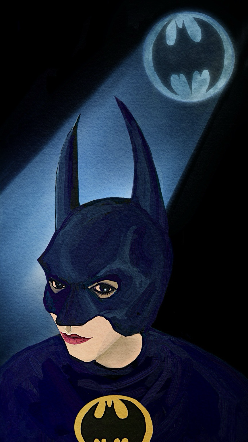 An artwork depicting Batgirl from the shoulders up. Behind her we see the Bat signal.