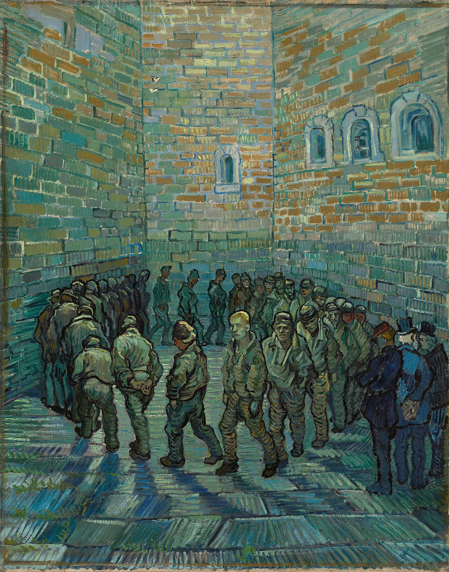 A painting of a group of men walking in a circle in a small paved courtyard walled in by brick buildings. The men wear hats, except for one man who may represent Vincent. At the lower right three men, one in a uniform and two in suits and hats, observe.  Very somber depiction.