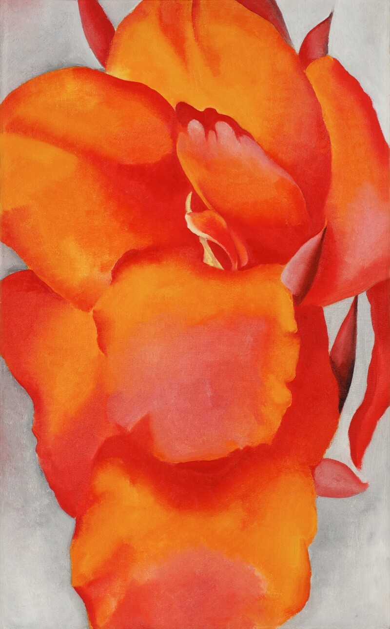 A vertical format painting of a saturated orange canna flower.