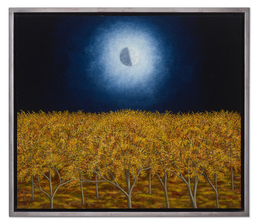 A dark blue sky, a radiant moon shining on a grove of trees with fiery yellow-orange leaves. 
